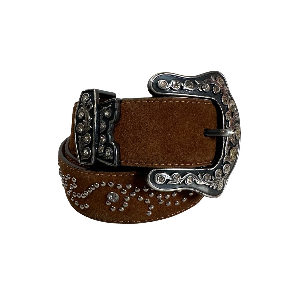 Justin Rhinestone western belt dark brown leather suede silver cowgirl